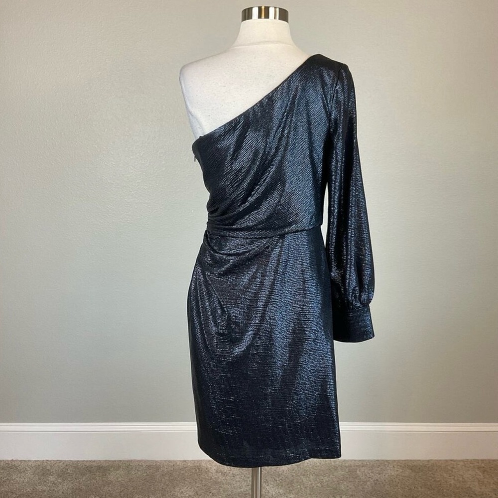 Navy Blue Metallic One Shoulder Cocktail Dress